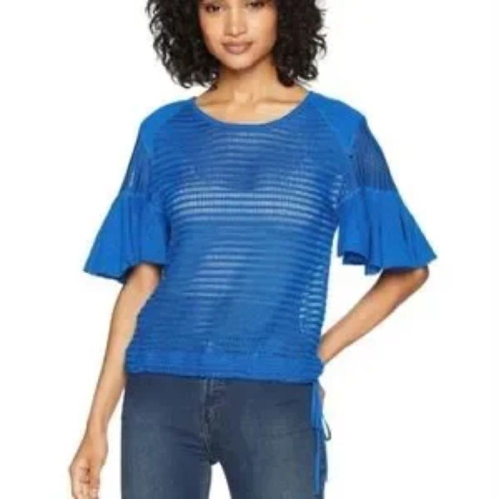 Free People Babes Only Blue Crochet Flutter Sleeve Sweater Open Knit Top Size XS